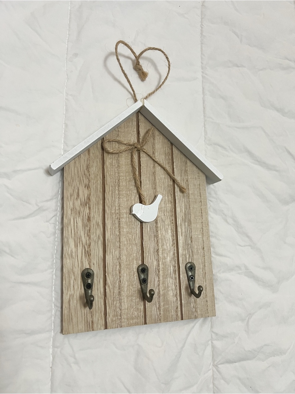 Rustic White & Natural Wood Bird Hook Wall Organizer